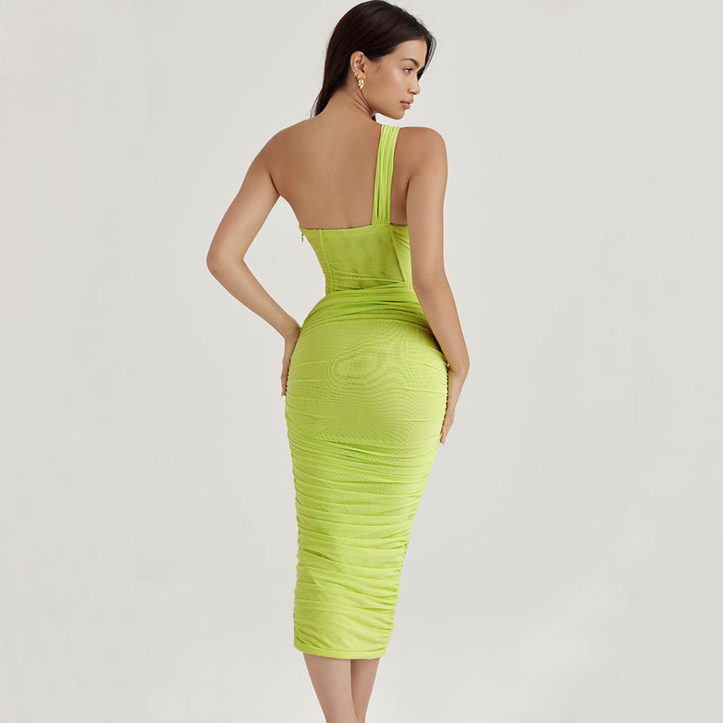 Asymmetric One Shoulder Cutout Ruched Corset Mesh Midi Dress - Lime