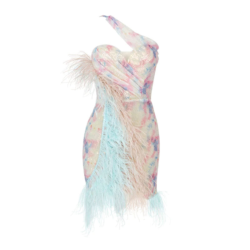 Asymmetric One Shoulder Rainbow Sequin Bodycon Mini Feather Dress - Multicolor