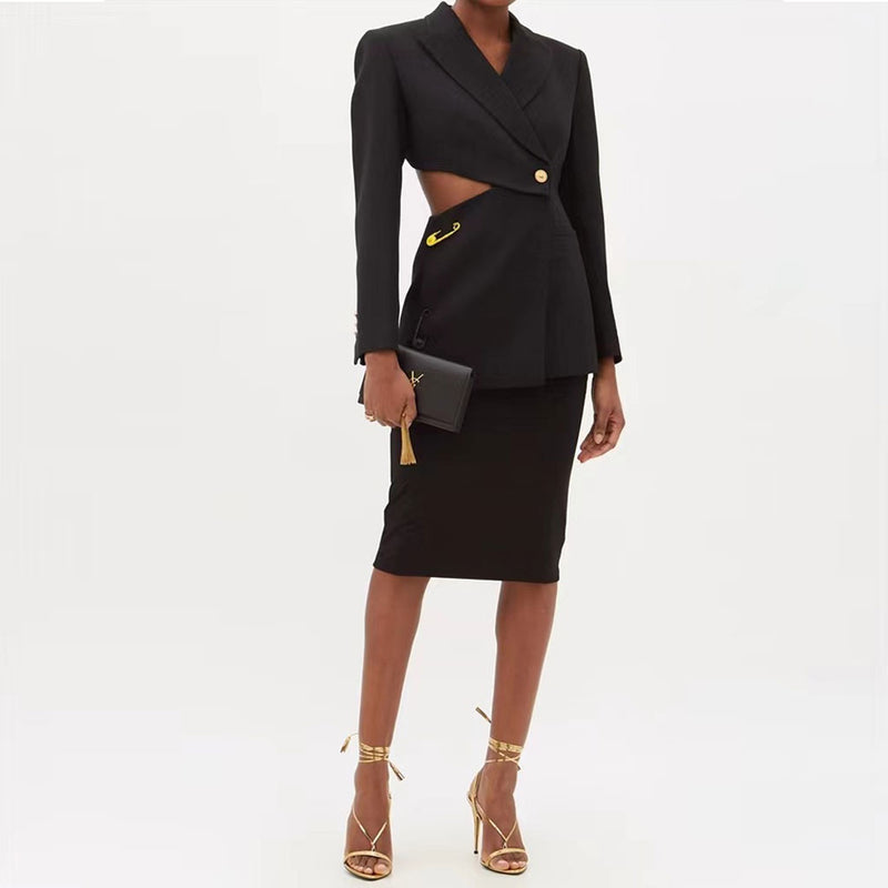 Asymmetric Pin Detail Cutout Long Sleeve Lapel Collar Blazer - Black