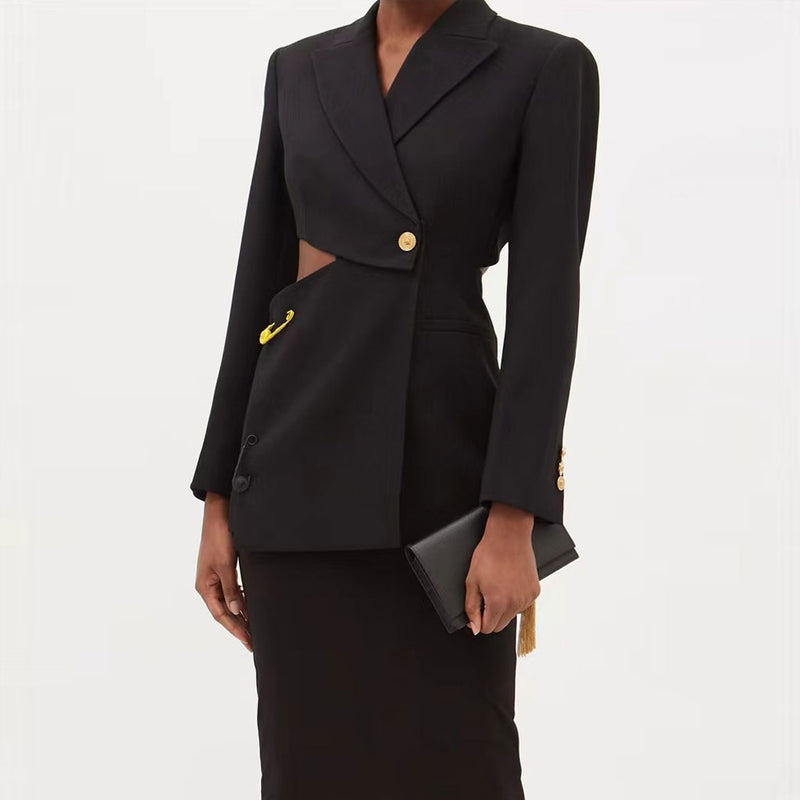 Asymmetric Pin Detail Cutout Long Sleeve Lapel Collar Blazer - Black