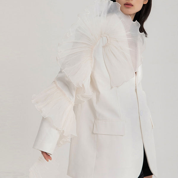 Asymmetric Ruffle Trim Lapel Collar Single Breasted Oversized Blazer - White