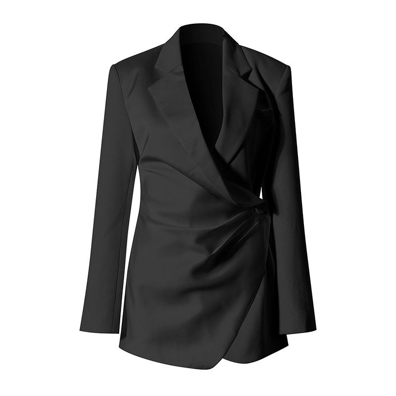 Asymmetric Single Breasted Ruched Side Button Long Sleeve Lapel Collar Blazer