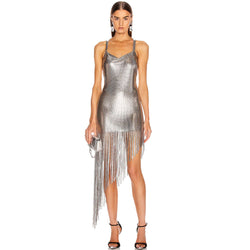 Asymmetrical Fringe Cowl Neck Backless Metal Mesh Dress - Silver