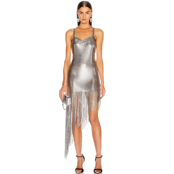 Asymmetrical Fringe Cowl Neck Backless Metal Mesh Dress - Silver