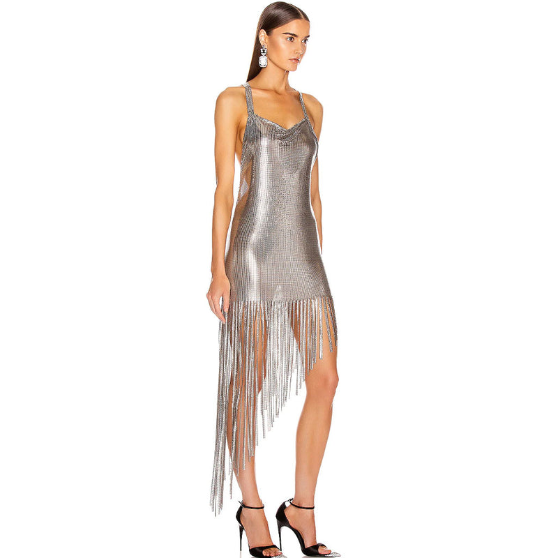Asymmetrical Fringe Cowl Neck Backless Metal Mesh Dress - Silver
