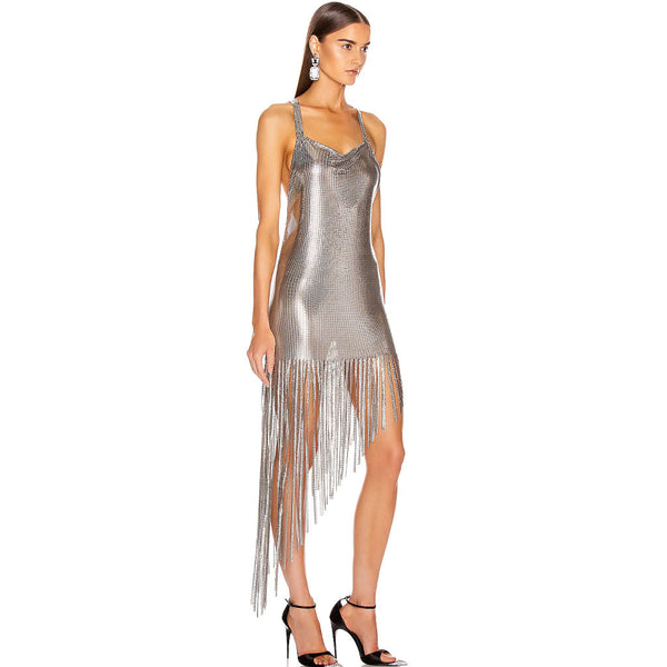 Asymmetrical Fringe Cowl Neck Backless Metal Mesh Dress - Silver ...