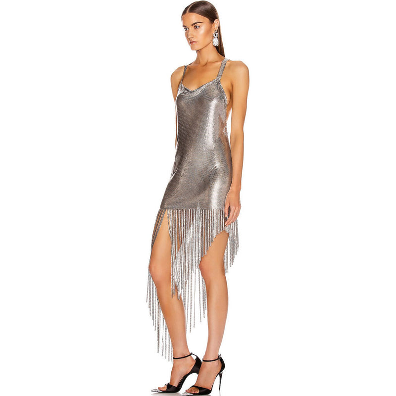 Asymmetrical Fringe Cowl Neck Backless Metal Mesh Dress - Silver ...
