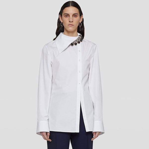 Asymmetrical Pointed Collar Long Sleeve Button Down Shirt - White