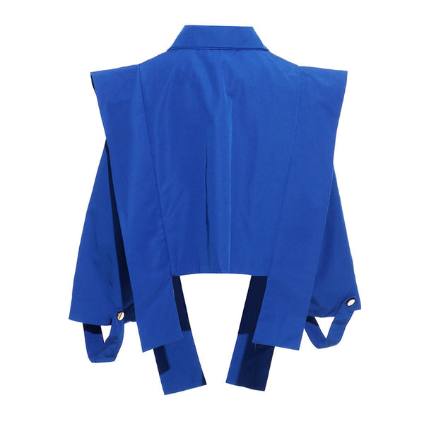 Asymmetrical Strappy Collared Button Front Long Sleeve Boxy Crop Shirt