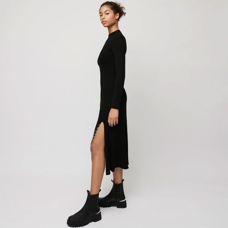 Baroque Long Sleeve High Slit Cashmere Sweater Midi Dress - Black