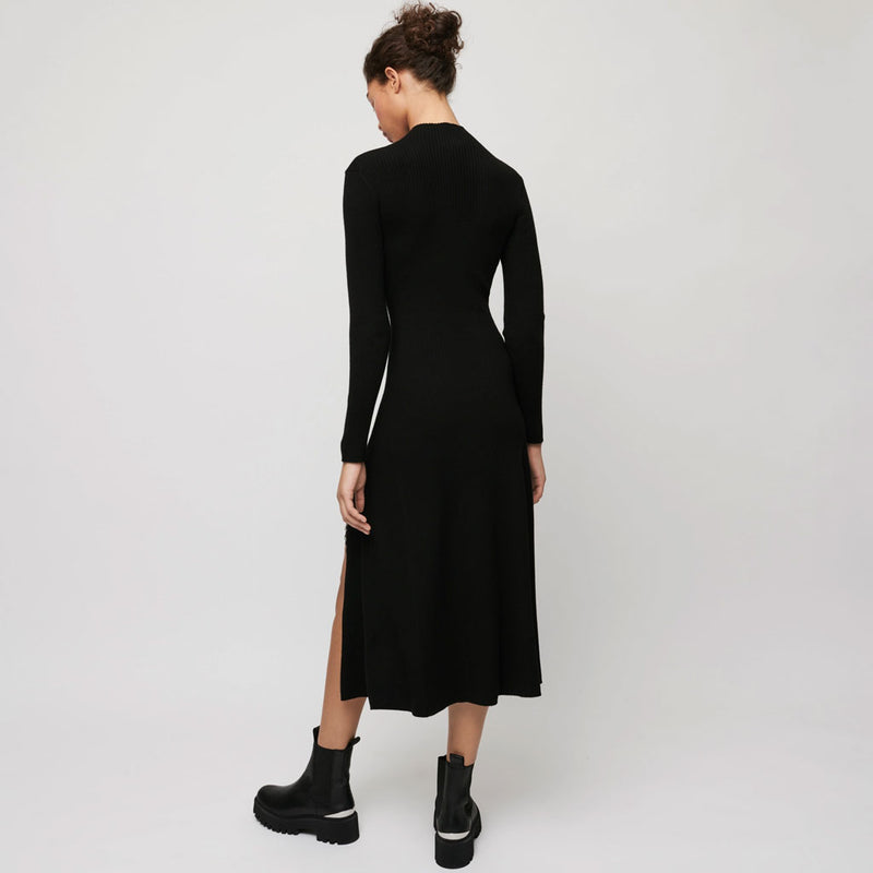 Baroque Long Sleeve High Slit Cashmere Sweater Midi Dress - Black