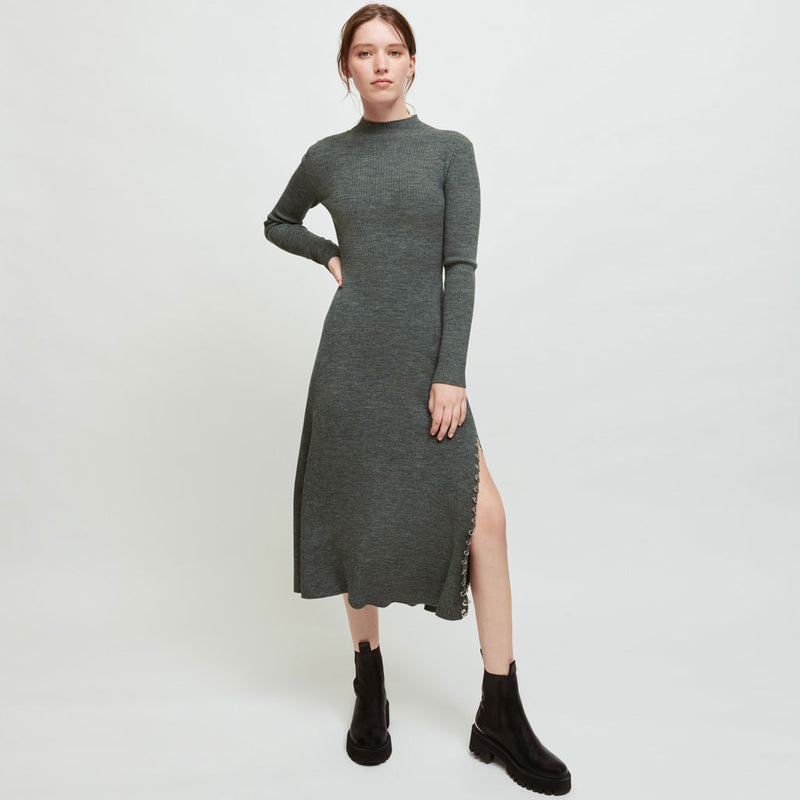 Baroque Long Sleeve High Slit Cashmere Sweater Midi Dress - Gray