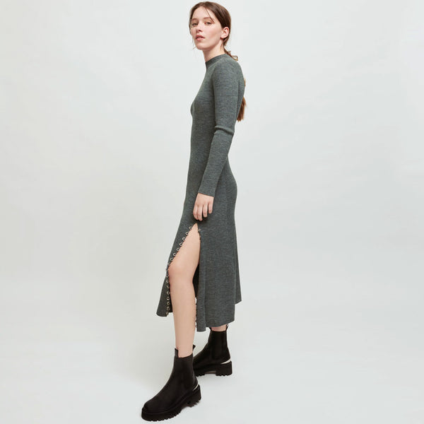 Baroque Long Sleeve High Slit Cashmere Sweater Midi Dress - Gray