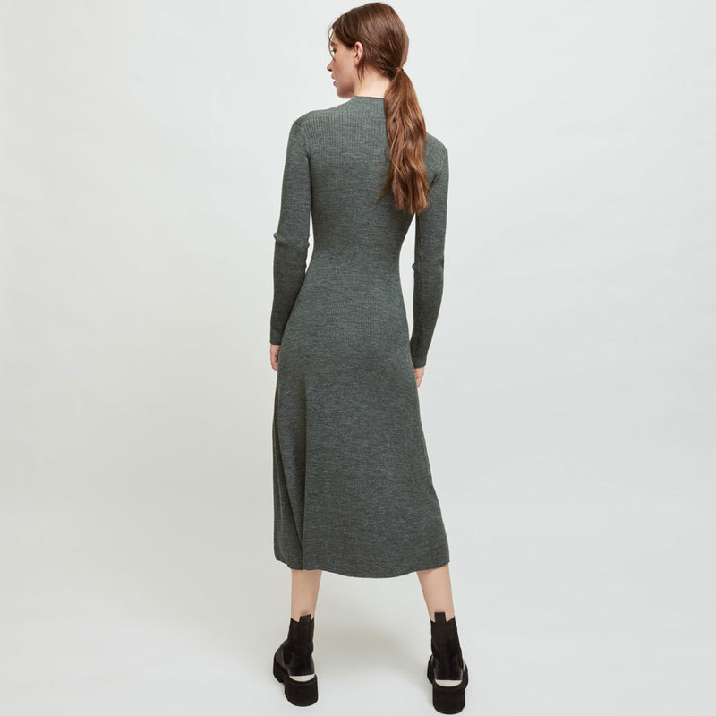 Baroque Long Sleeve High Slit Cashmere Sweater Midi Dress - Gray