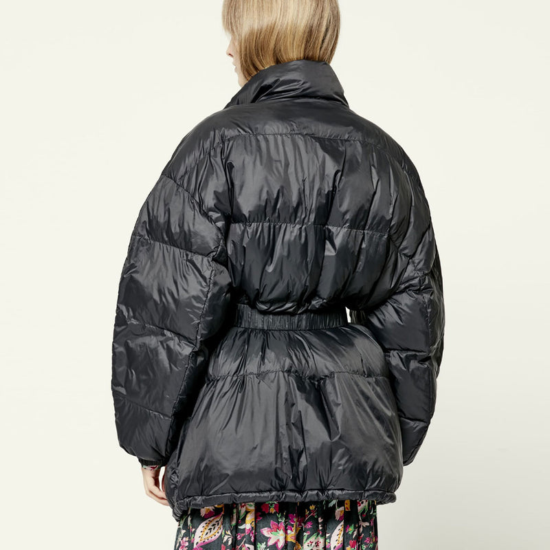 Belted Balloon Sleeve High Neck Side Pocket Quilted Coat - Black