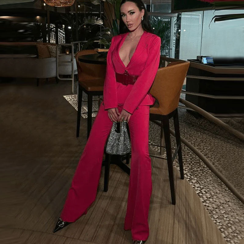 Belted Flared Leg Single Breasted Tailored Blazer Matching Set - Hot Pink