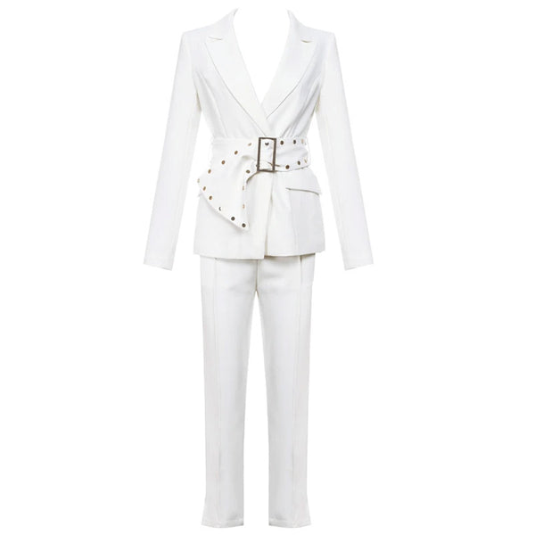 Belted High Waist Collared Long Sleeve Blazer Matching Set - White