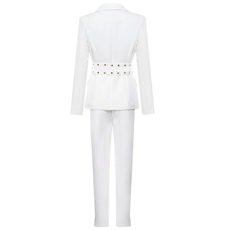 Belted High Waist Collared Long Sleeve Blazer Matching Set - White