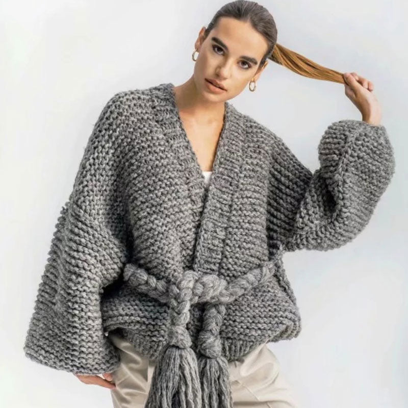 Bishop Sleeve Fringed Braided Belt Knit Sweater Cardigan - Gray