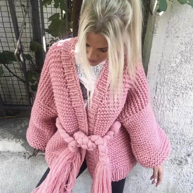 Bishop Sleeve Fringed Braided Belt Knit Sweater Cardigan - Pink