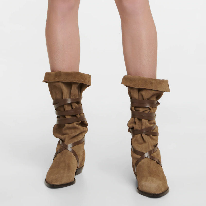 Bohemian Strappy Knee High Pointed Toe Suede Low Block Boots - Brown