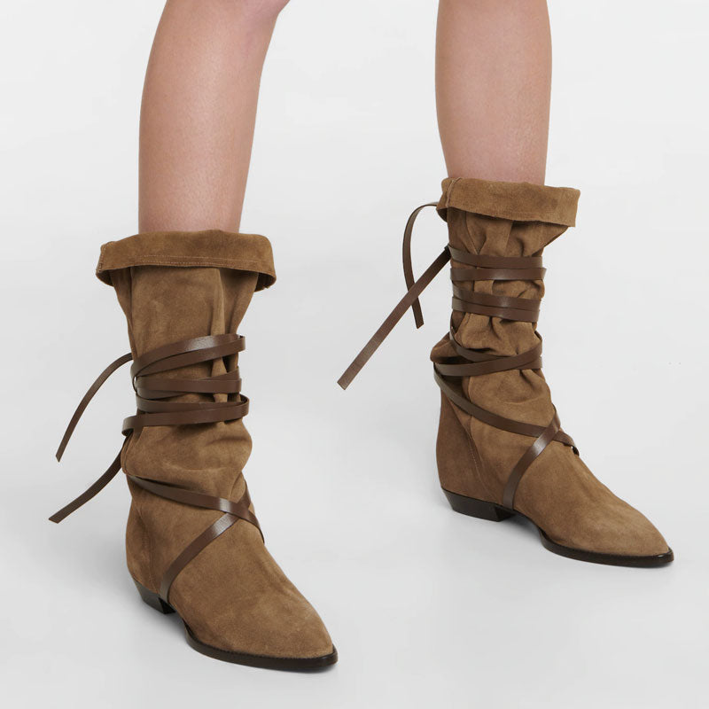 Bohemian Strappy Knee High Pointed Toe Suede Low Block Boots - Brown