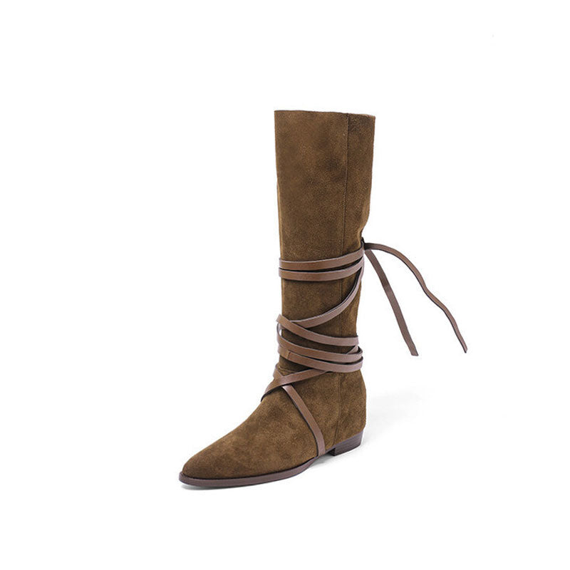 Bohemian Strappy Knee High Pointed Toe Suede Low Block Boots - Brown