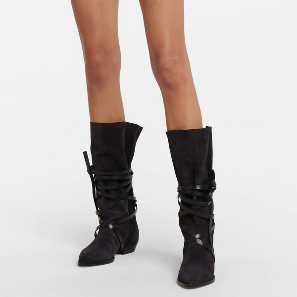 Bohemian Strappy Knee High Pointed Toe Suede Low Block Boots - Black