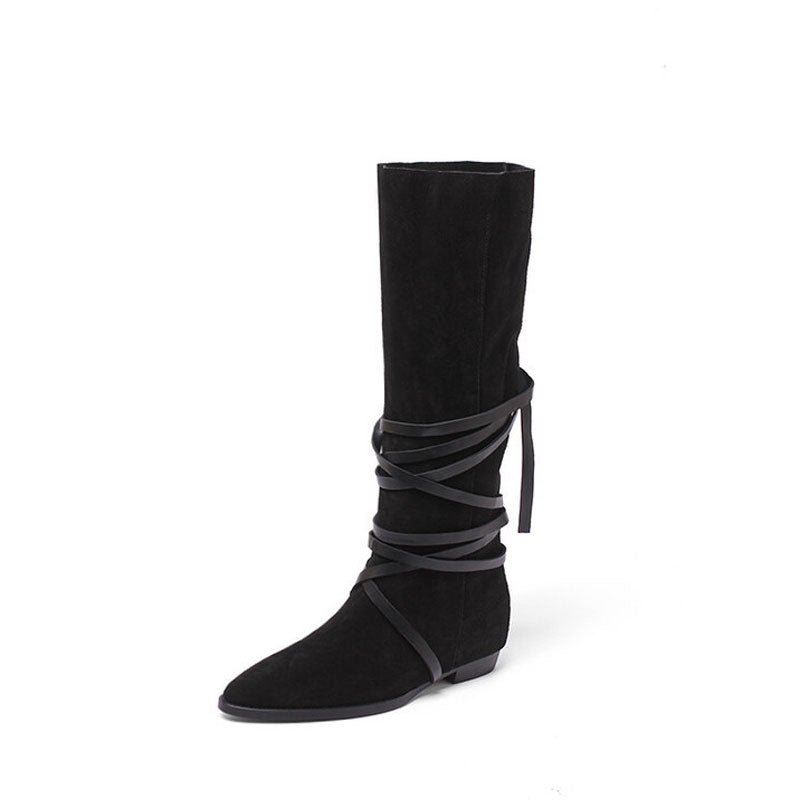 Bohemian Strappy Knee High Pointed Toe Suede Low Block Boots - Black