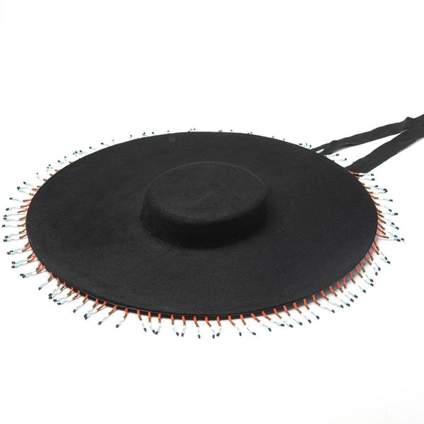 Bohemian Style Beaded Fringe Wool Felt Hat - Black