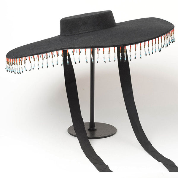 Bohemian Style Beaded Fringe Wool Felt Hat - Black