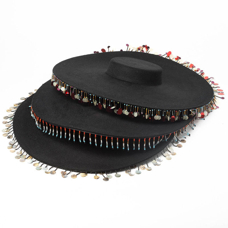 Bohemian Style Beaded Fringe Wool Felt Hat - Black