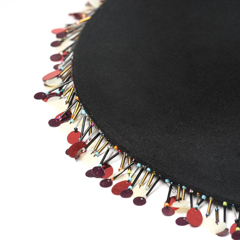 Bohemian Style Sequined Fringe Wool Felt Hat - Black