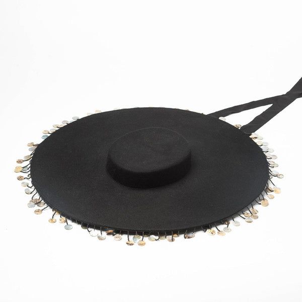 Bohemian Style Shell Fringe Wool Felt Hat - Black