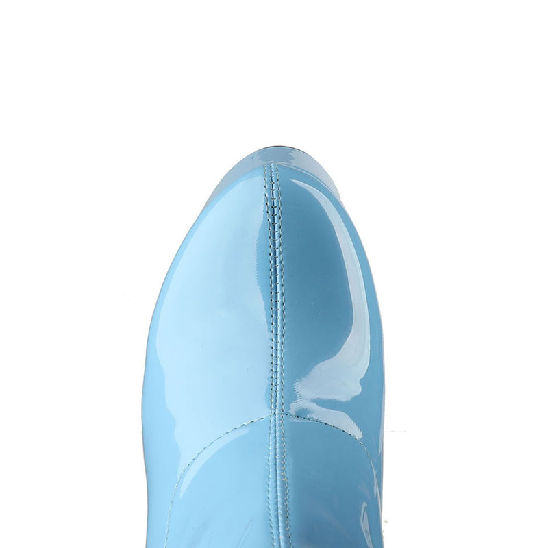 Bold Patent Leather Knee High Platform Chunky Heel Boots - Blue