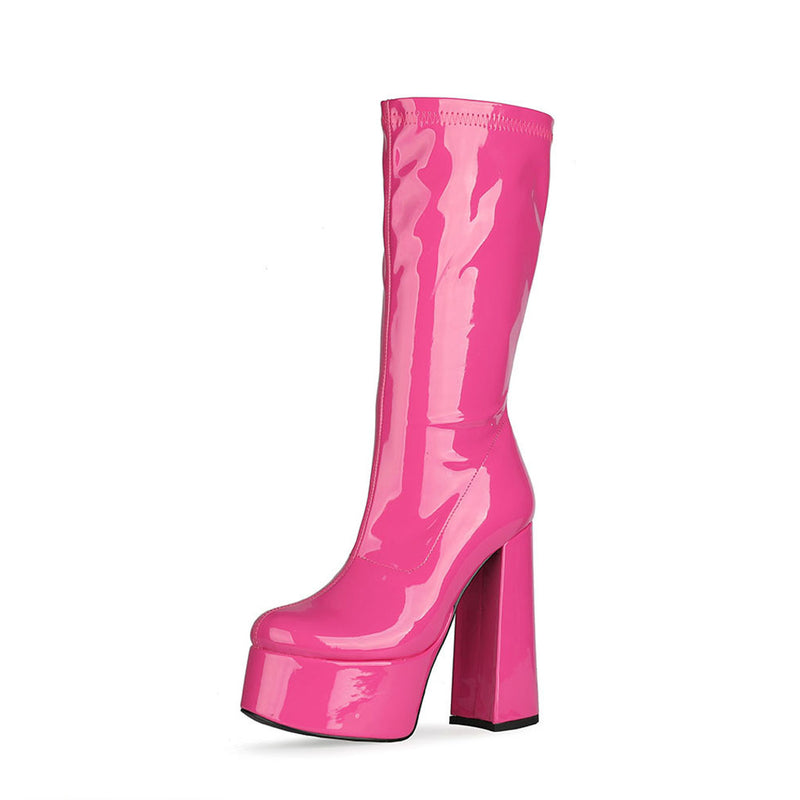 Bold Patent Leather Knee High Platform Chunky Heel Boots - Hot Pink