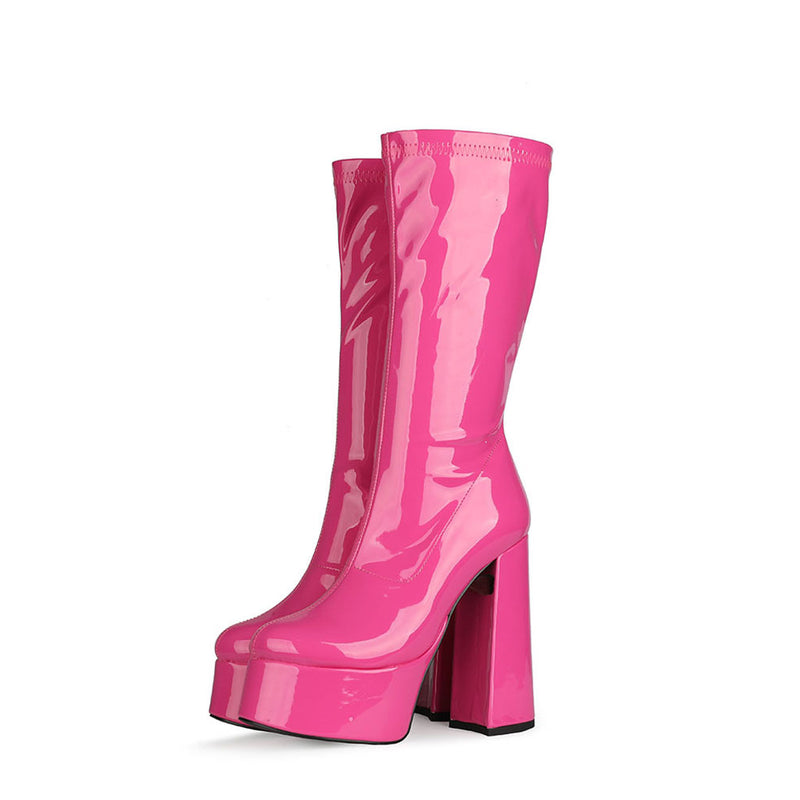 Bold Patent Leather Knee High Platform Chunky Heel Boots - Hot Pink