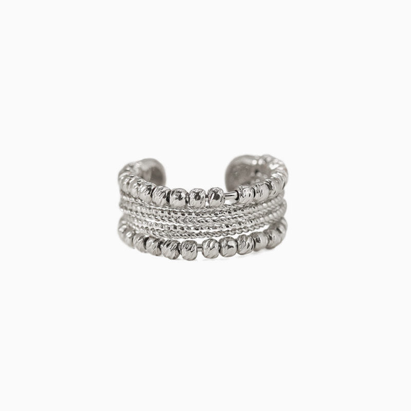 Bold Style Silver Tone Beaded Layered Open Cuff Ring - Silver