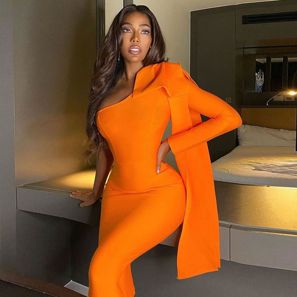 Bowknot One Shoulder Long Sleeve Bodycon Bandage Midi Dress - Burnt Orange