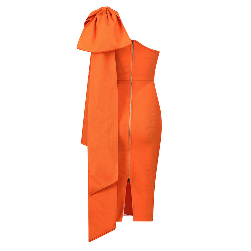 Bowknot One Shoulder Long Sleeve Bodycon Bandage Midi Dress - Burnt Orange