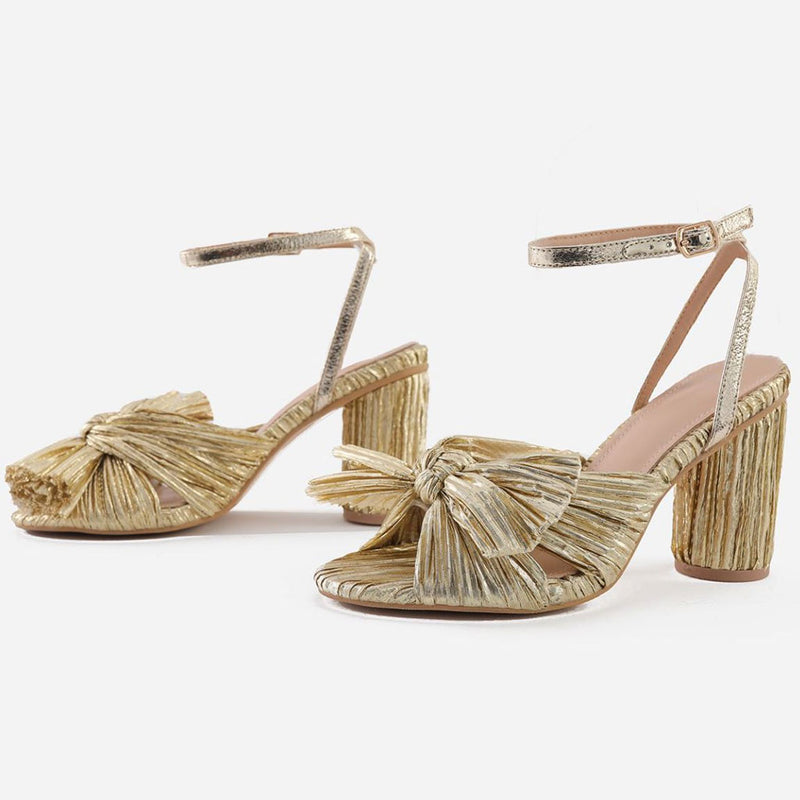 Butterfly Bow Trim Block Heel Peep Toe Pleated Sandals - Gold