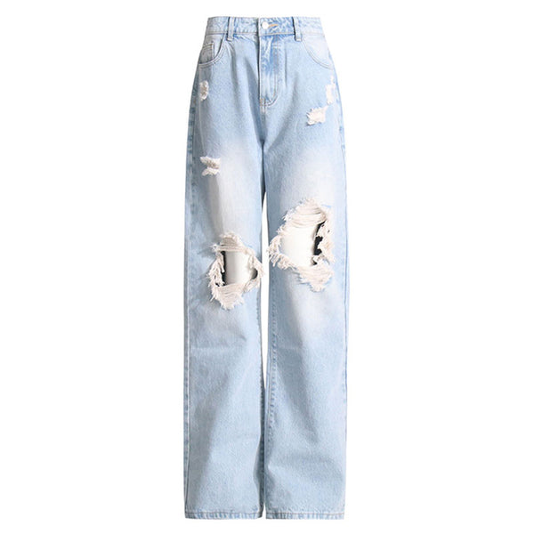 Casual Distressed Ripped Detail High Waist Straight Leg Boyfriend Jeans