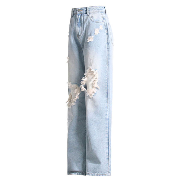 Casual Distressed Ripped Detail High Waist Straight Leg Boyfriend Jeans