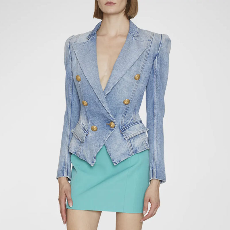 Chic Gold Button Peak Lapel Double Breasted Tailored Denim Blazer Li Luxedress