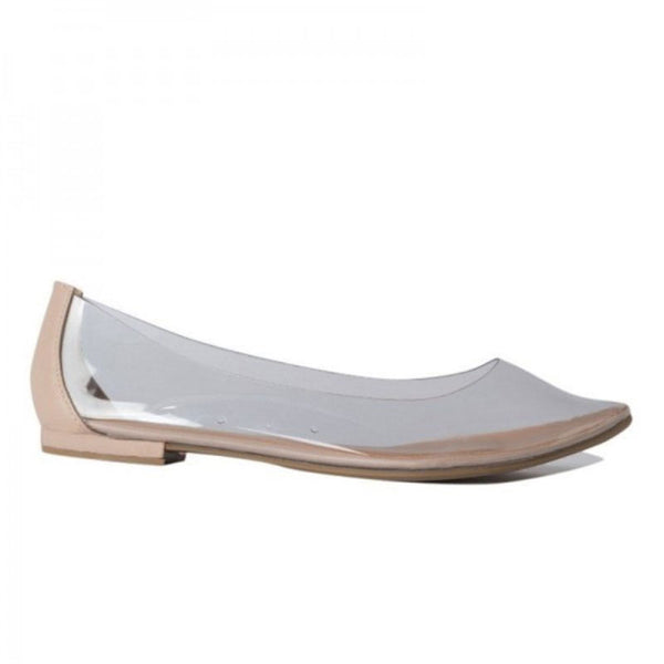 Casual Leather Panel Clear PVC Pointed Toe Ballet Flats - Apricot