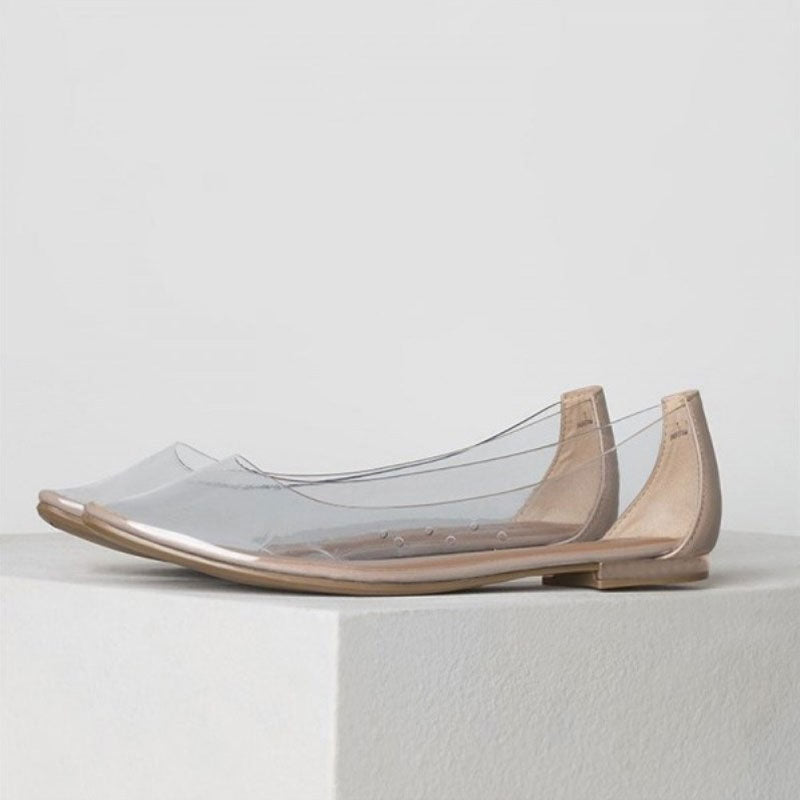 Casual Leather Panel Clear PVC Pointed Toe Ballet Flats - Apricot