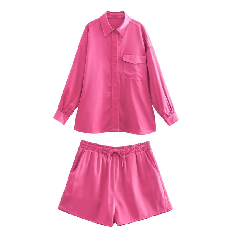 Casual Long Sleeve Hidden Placket Shirt Short Set - Hot Pink