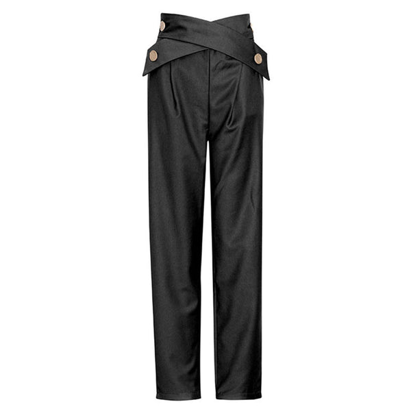 Casual Metallic Button Cross Strap High Waist Frill Trim Carrot Pants