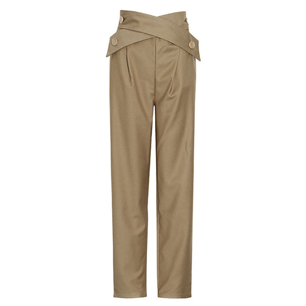 Casual Metallic Button Cross Strap High Waist Frill Trim Carrot Pants