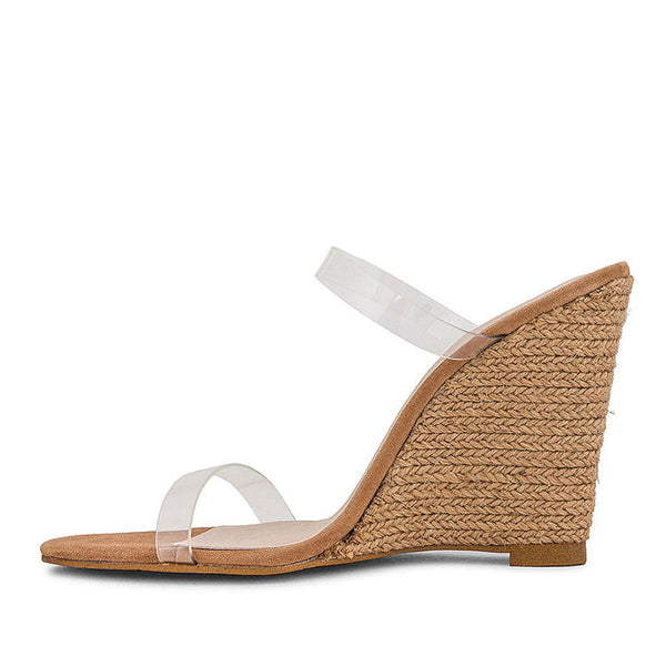 Casual Open Toe Clear PVC Wedge Espadrille Mules - Apricot